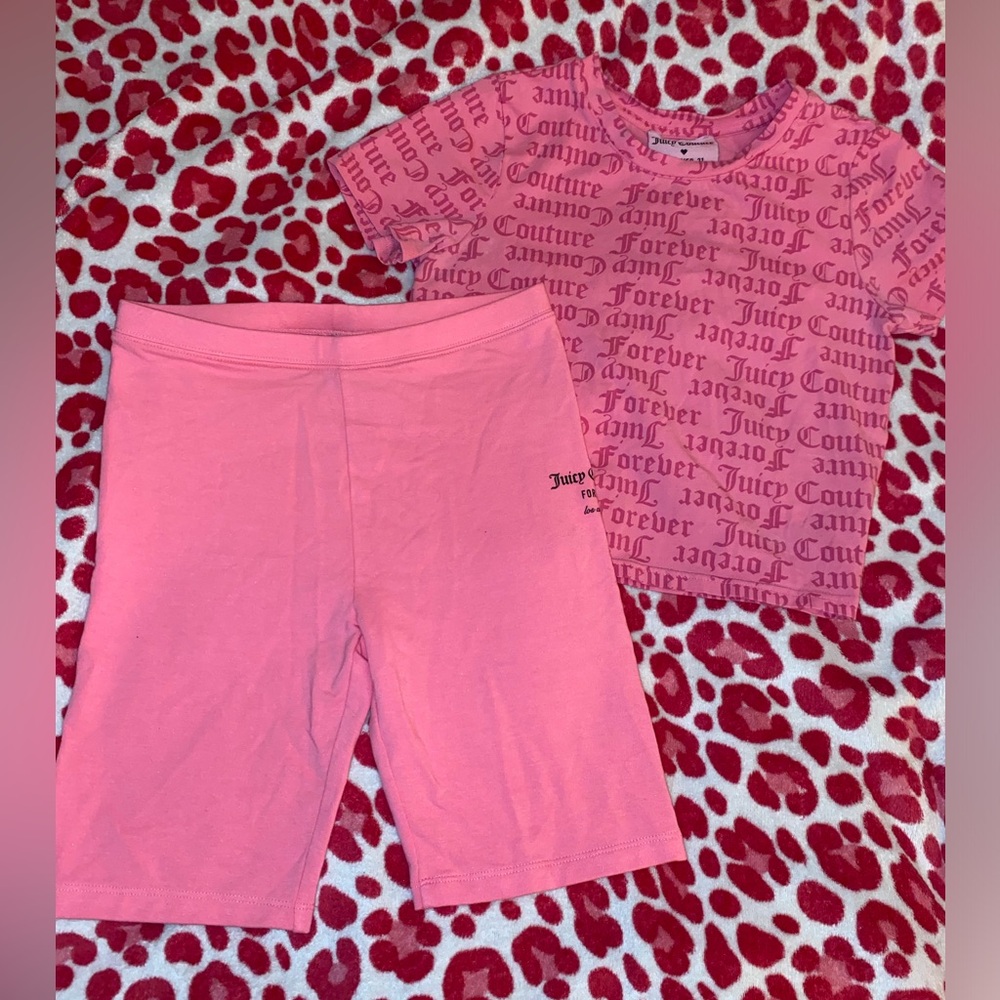 Juicy Couture pink crop top and biker shorts